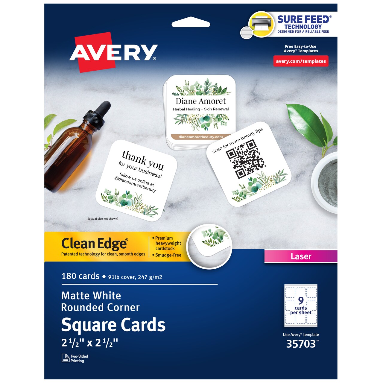 Avery Clean Edge Printable Square Cards with Sure Feed Technology, Rounded Corners, 2.5" x 2.5", White, 180 Blank Cards for Laser Printers (35703)